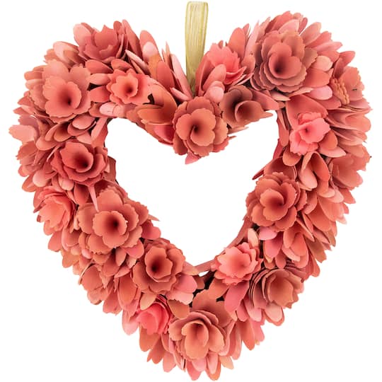 Northlight 14in Salmon Pink Valentine'S Day Wooden Floral Heart Wreath, One Size, Pink
